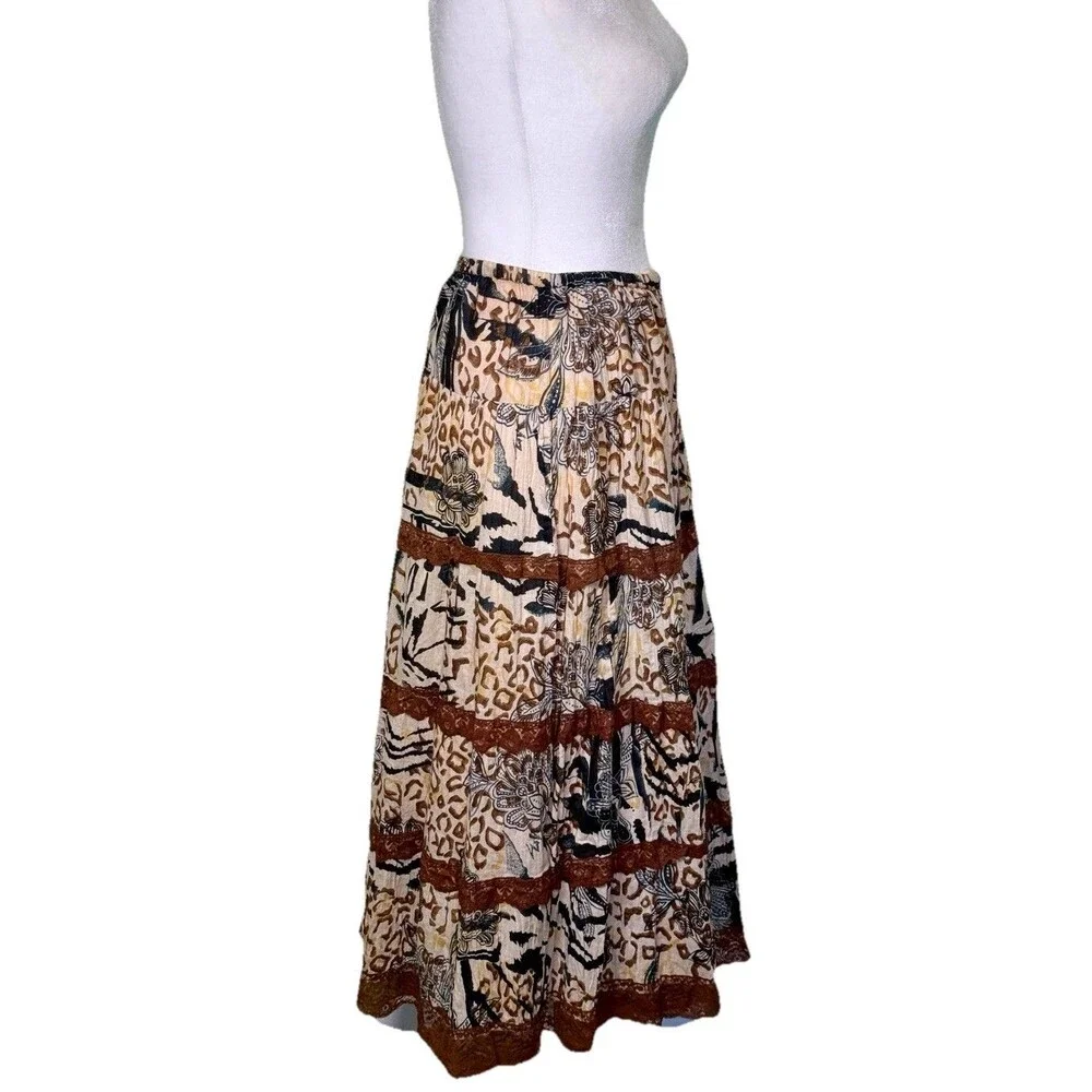 La Cera Women’s Boho Patchwork Animal Print Hippie Gypsy Tiered Maxi Skirt Sz Lg